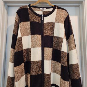 Dress Barn Woman-18/20-Tan/Black/Winter White Patchwork Zip-Up Cardigan Sweater